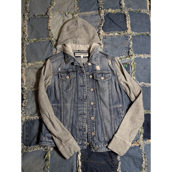 Express Jeans Jackets & Blazers - Express Jeans Denim Jacket Hoodie Womens Medium Blue Trucker Distressed Biker